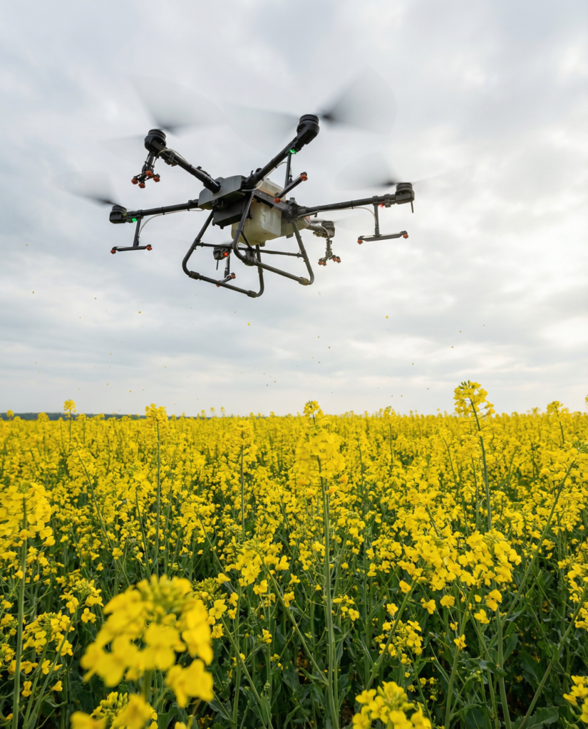 oprysk dronem nad polem rzepaku